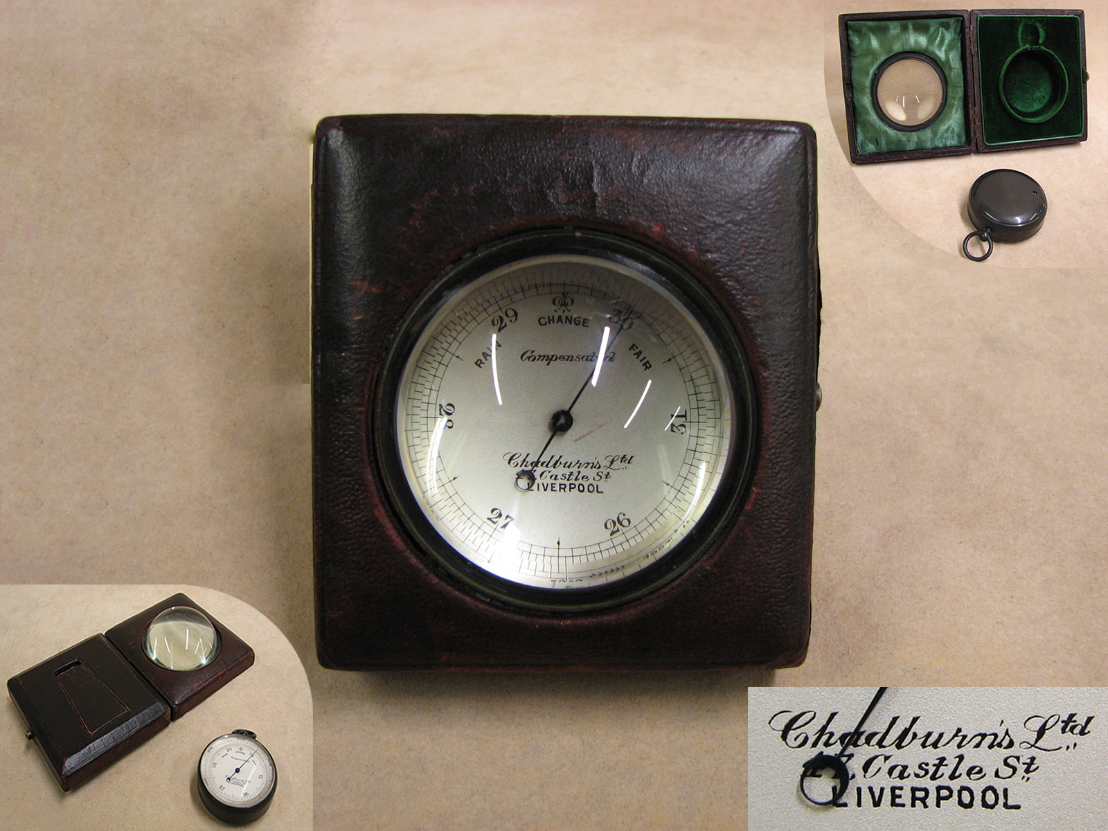 Antique Chadburns Ltd. pocket barometer in magnifying presentation case